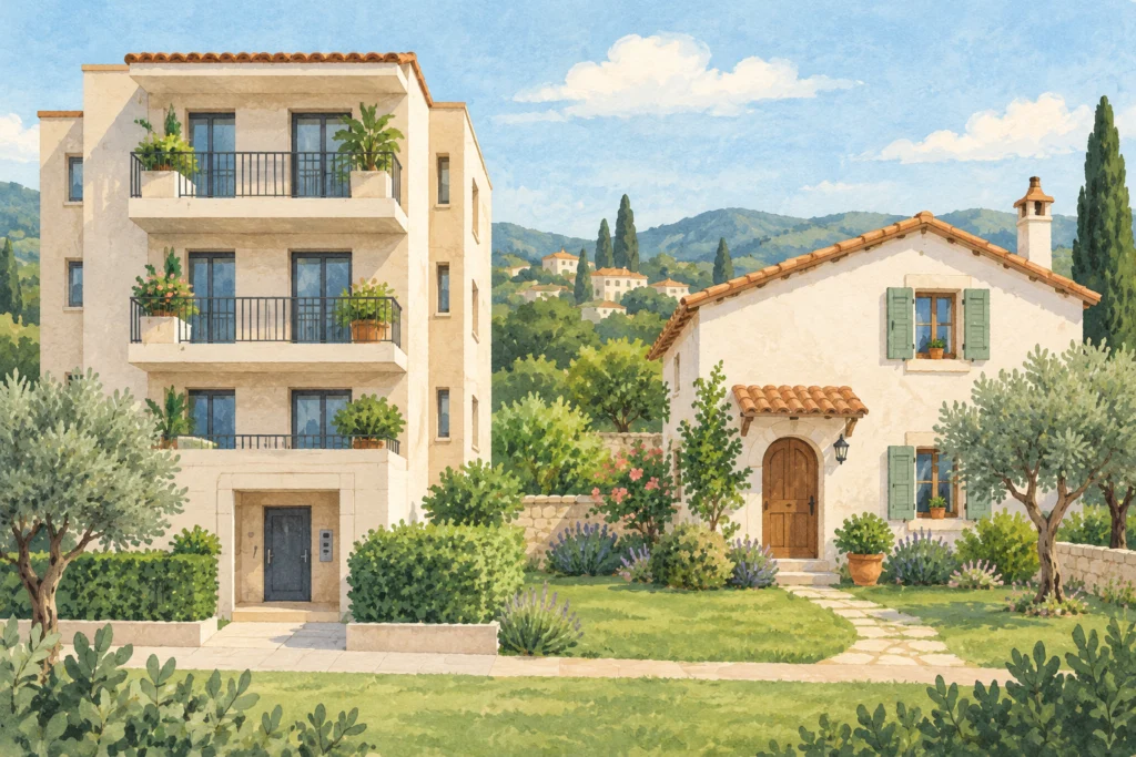 Ilustración comparativa de un edificio de apartamentos y una casa