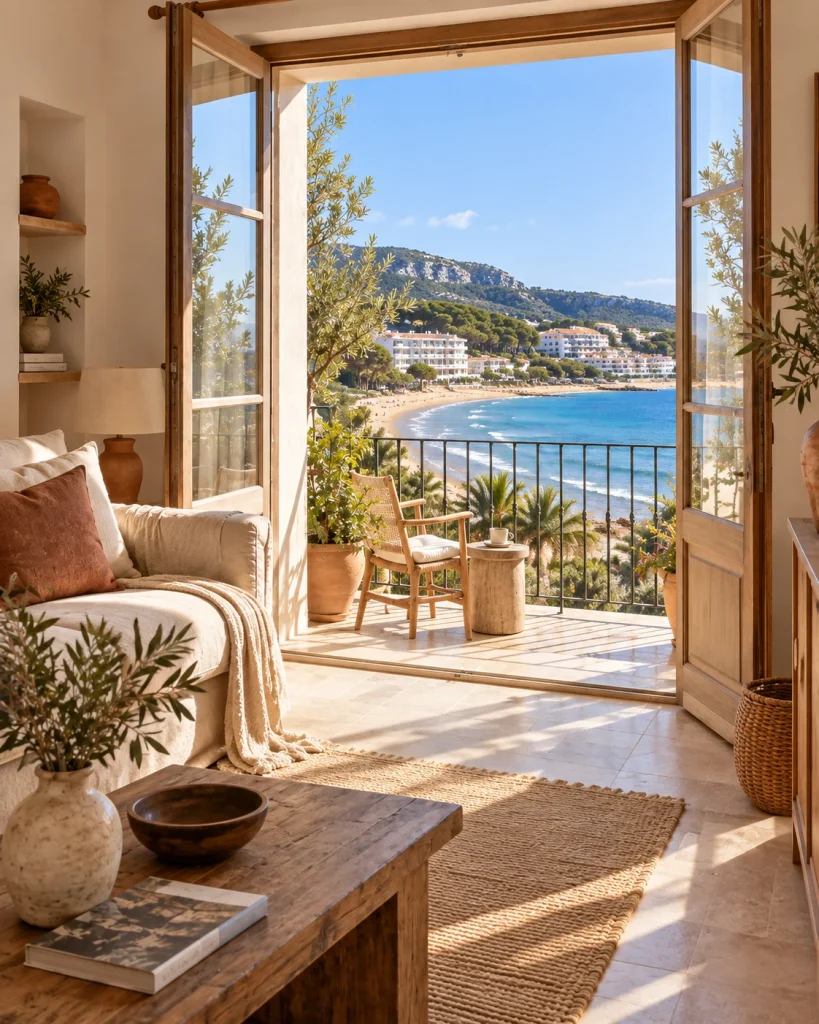 Salón con terraza y paisaje inspirado en la costa de Alcossebre. Imagen conceptual generada con IA.