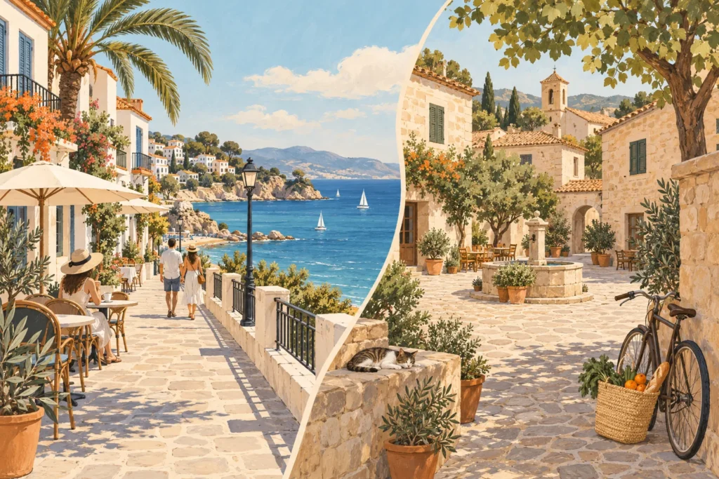 Ilustración comparativa de un entorno costero y una plaza de pueblo en el interior