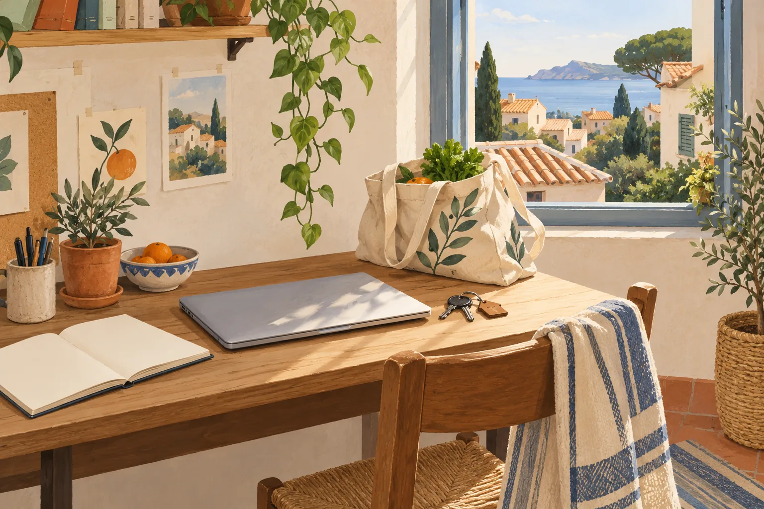 Ilustración de una mesa de trabajo con llaves y una bolsa de compra