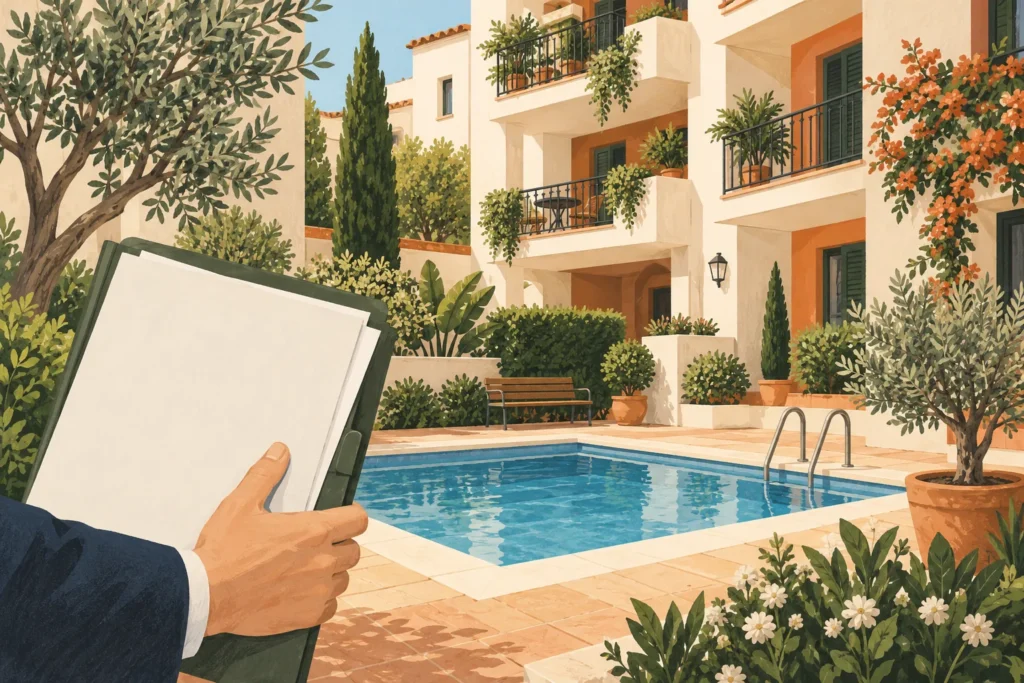 Ilustración de un edificio con piscina comunitaria y una carpeta de documentos