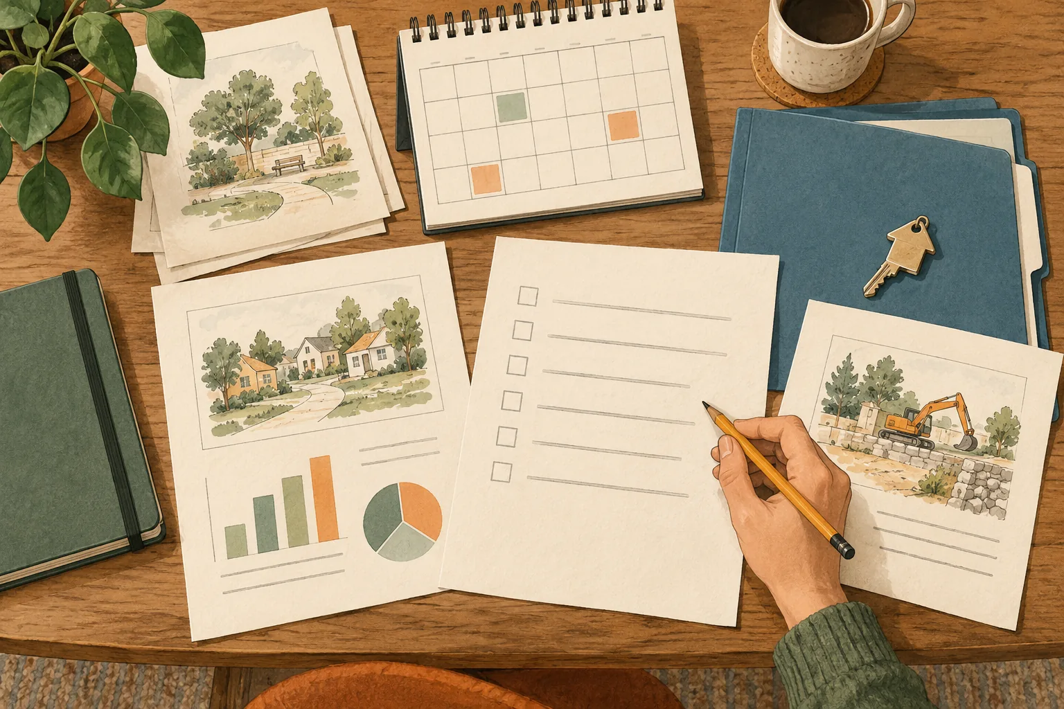 Ilustración de documentos, calendario y carpeta para revisar gastos de comunidad