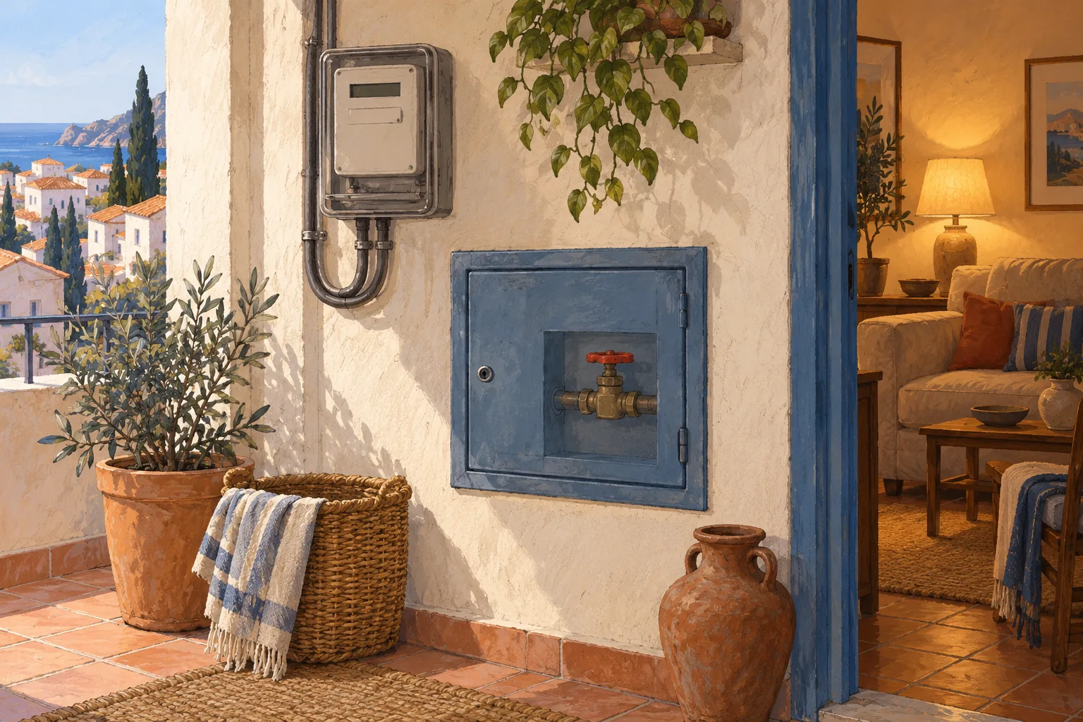 Ilustración de un contador eléctrico y una instalación de agua doméstica