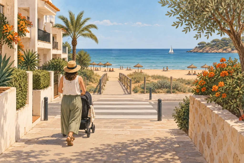 Ilustración de un recorrido desde un apartamento hasta la playa con un carrito infantil