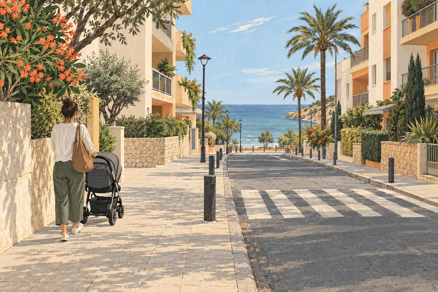 Ilustración de una calle peatonal con paso de peatones en dirección al mar