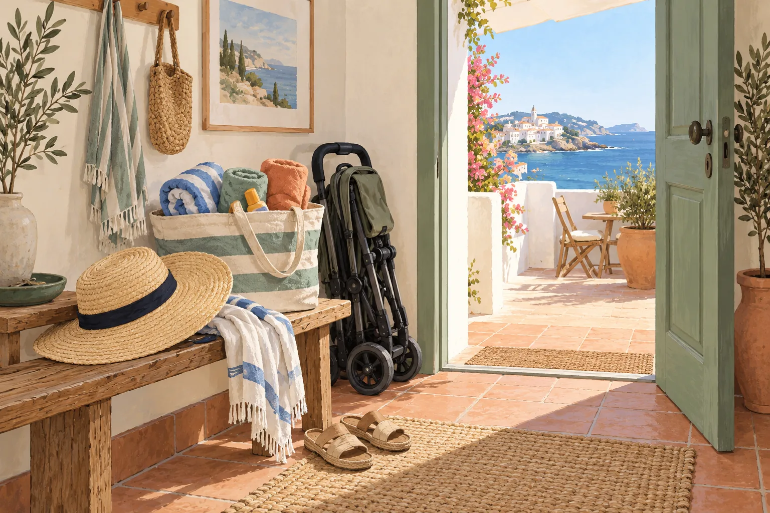 Ilustración de una bolsa de playa, toallas y carrito plegado junto a la puerta