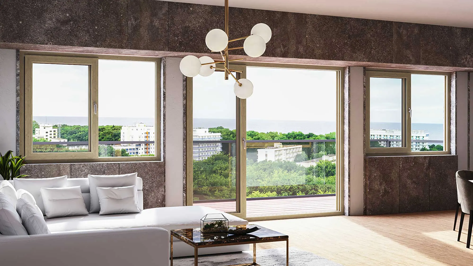 Salón abierto al jardín mediante una ventana corredera