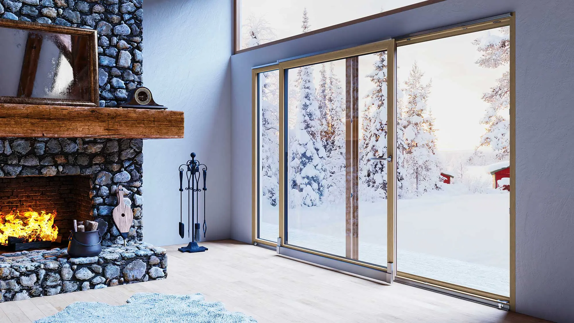 Ventana corredera junto a una chimenea con vistas al exterior