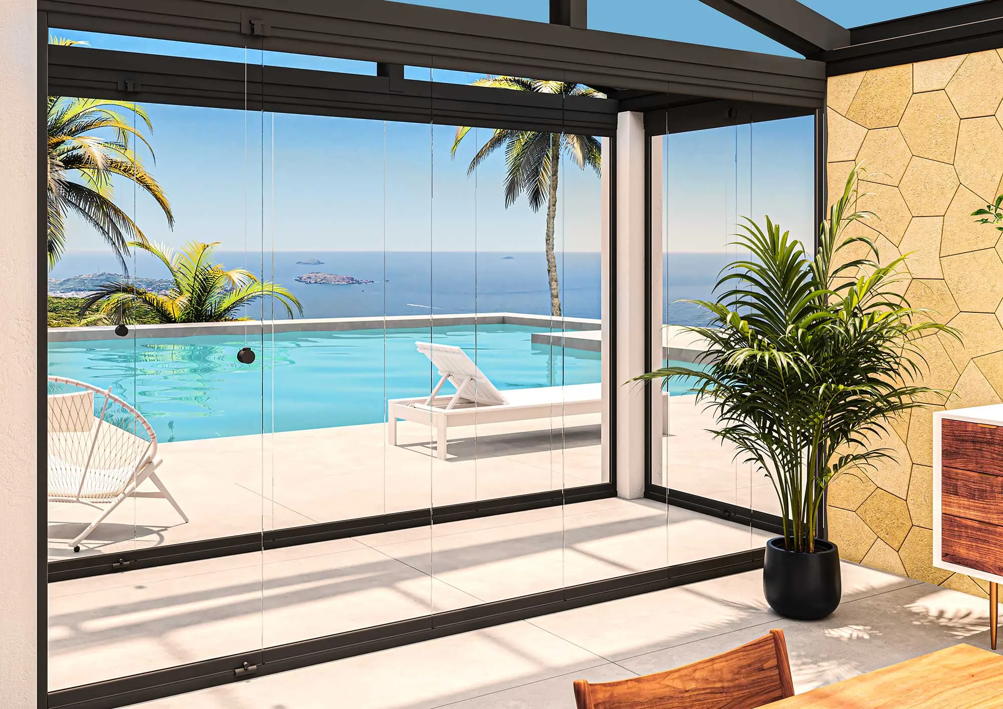 Cortina de cristal abierta hacia una terraza con piscina